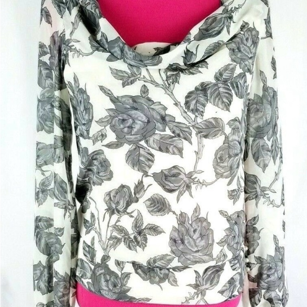 White HouseBlack Market Blouse Size S Black/ White Floral CowlNeck Pearl Buttons